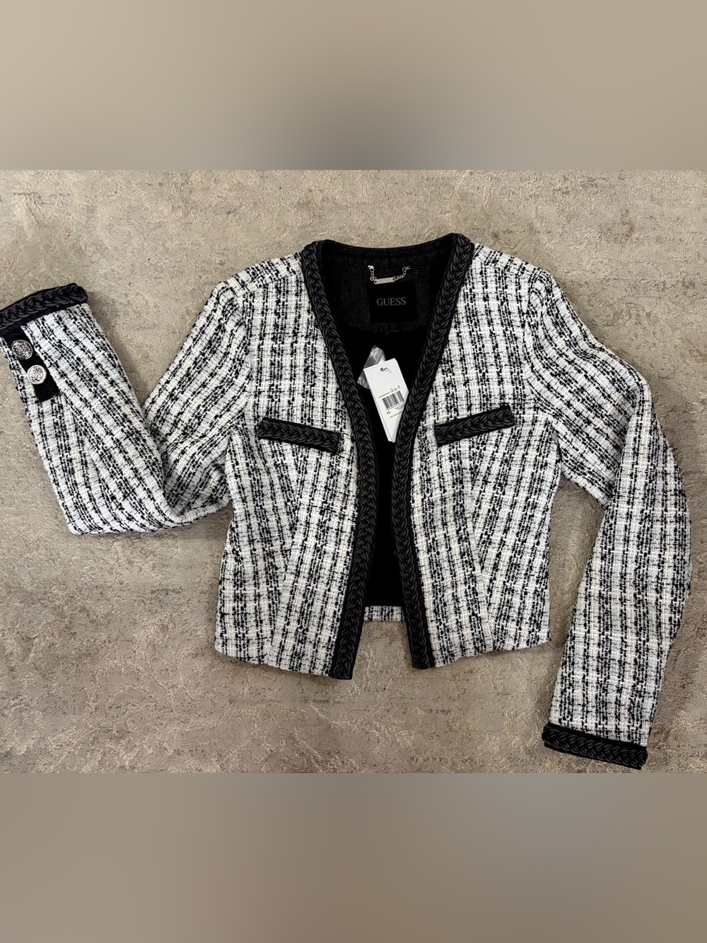 NWT❗️GUESS Black & White Tweed Braided-Trim Cropped Blazer